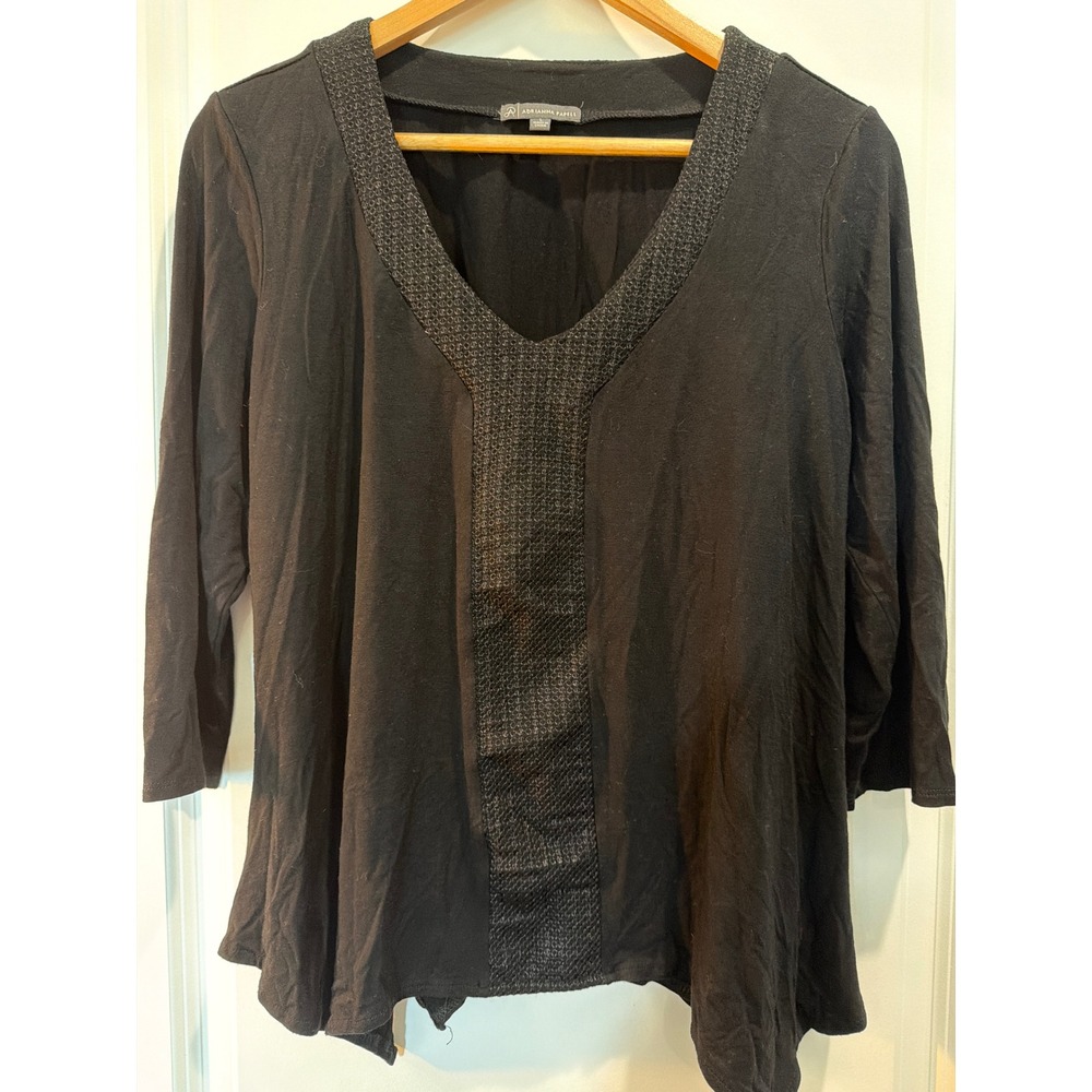 Adrianna Papell Black V-Neck Knit Top Metallic Trim 3/4 Sleeve Large